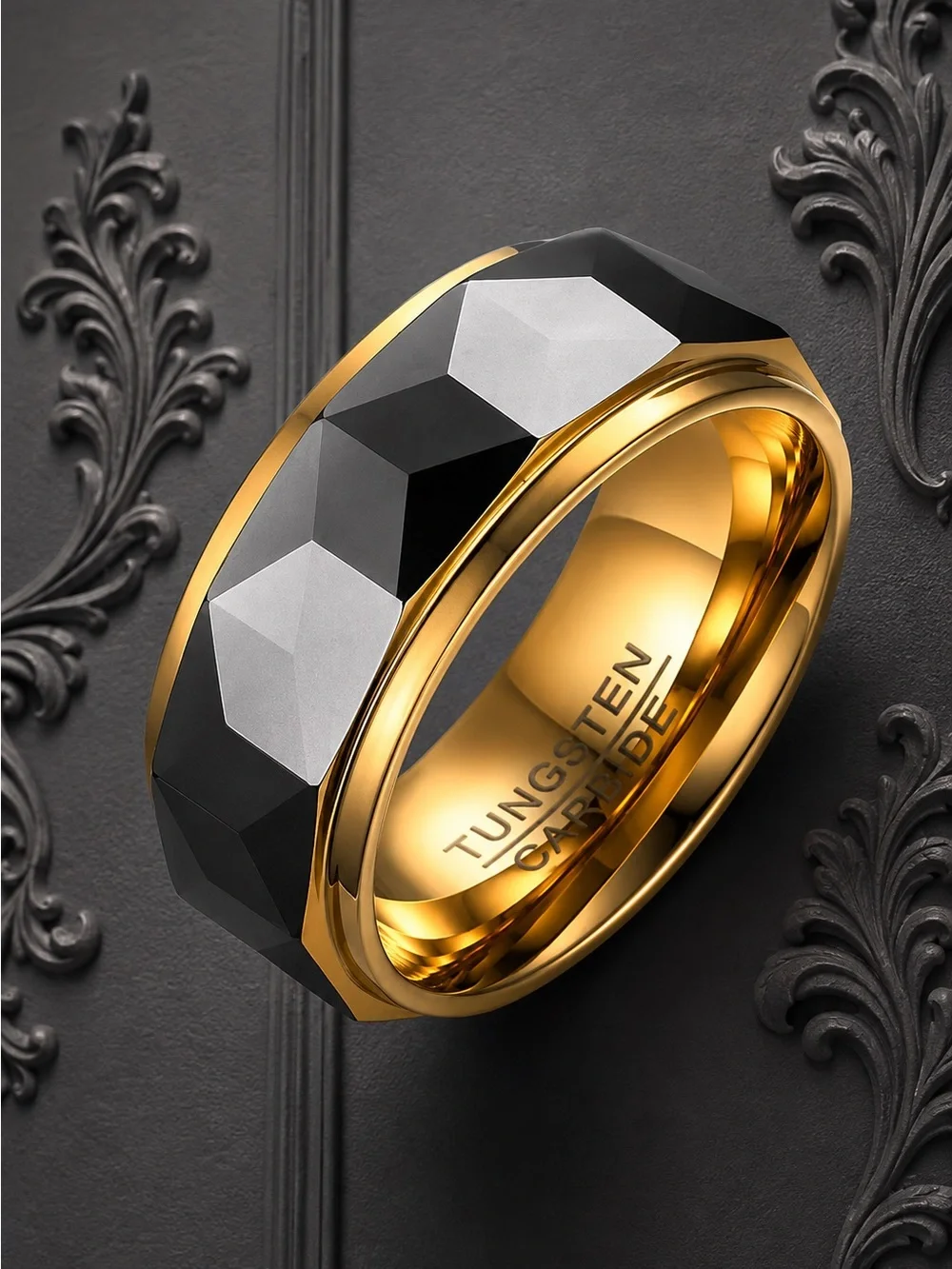 Wide Faceted Cut Geometric Tungsten Carbide Wedding Rings For Men